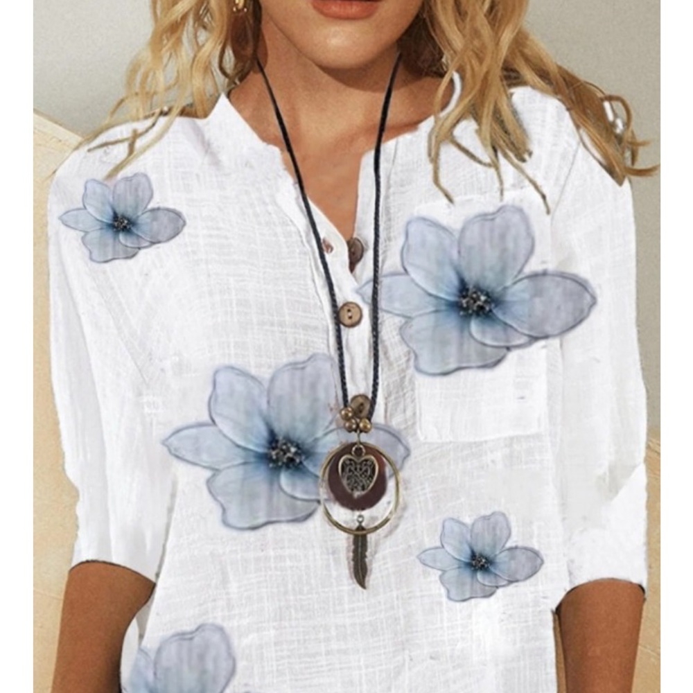 Floral White Blouse with Blue Flowers. NWT